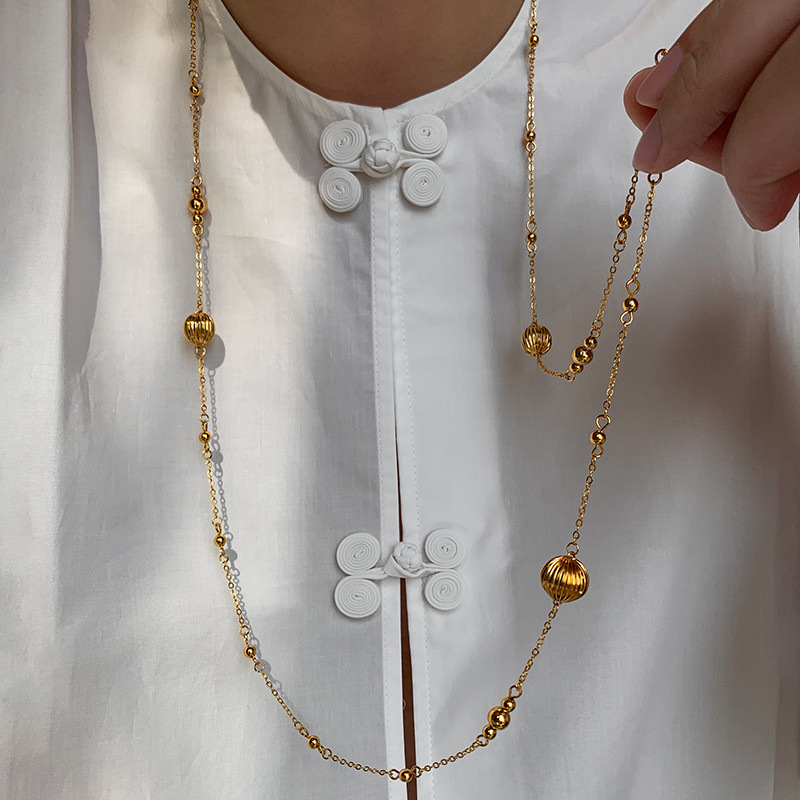 圆形条纹灯笼南瓜球项链法式复古可叠戴式毛衣链轻奢时尚气质项饰
