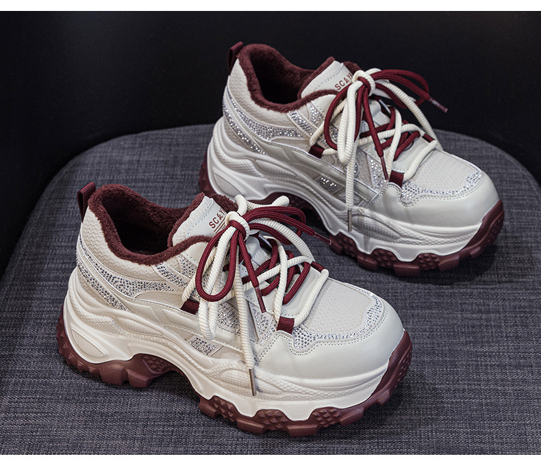 Giày sneaker nữ chunky đế dày phối đá pha lê, tăng chiều cao, siêu nhẹ, thể thao thời trang — 5022-1 đỏ lót lông, 5022 đỏ một lớp chi tiết 22