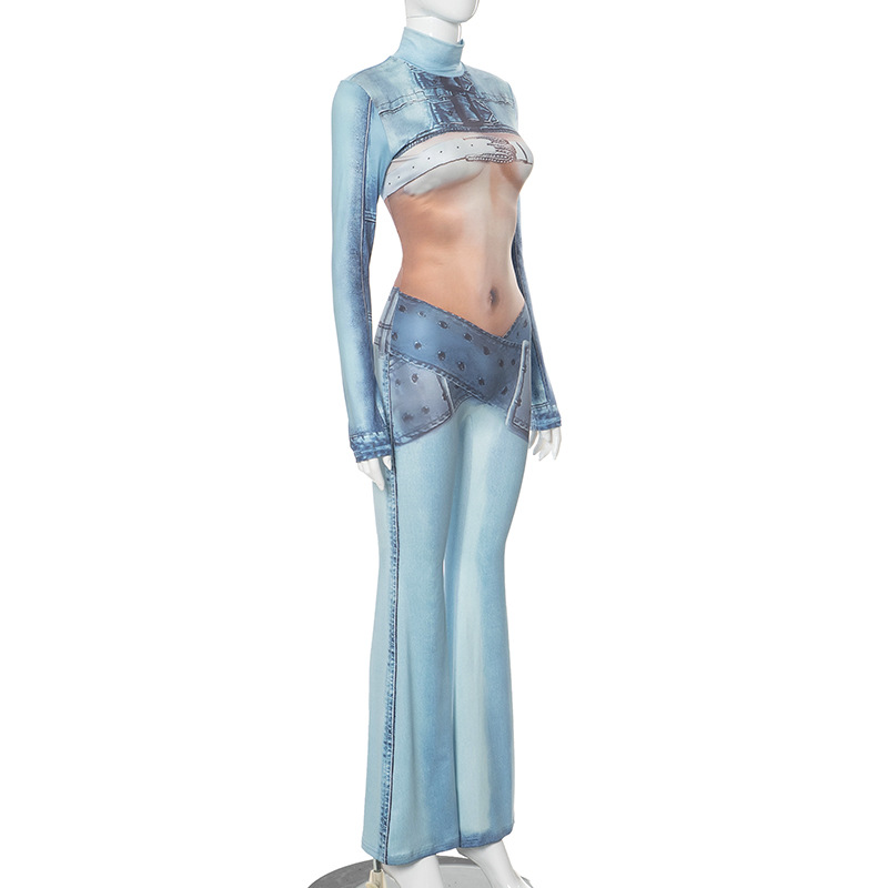 Women Clothing Autumn Winter Imitation Denim Body Print Long Sleeve Turtleneck Horn One Piece Trousers