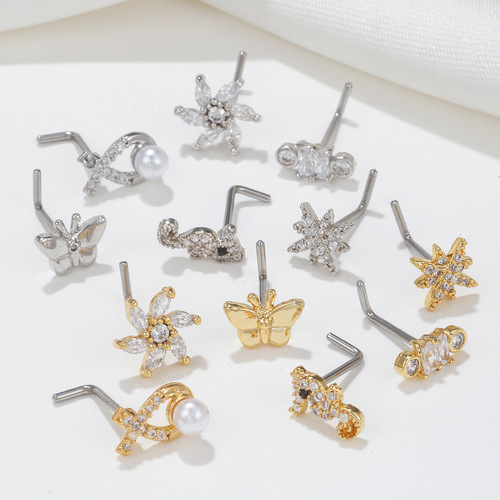 Amazon's best-selling copper-plated real gold nose nail jewelry European and American nose jewelry L-bar micro-inlaid zircon body piercing jewelry
