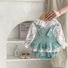 ins 2023 autumn clothing for infants and young children, baby girls, rabbit print top + corduroy suspender belt 2-piece suit