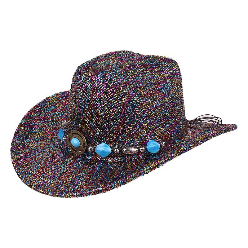 Vento vaquero occidental primavera y verano nicho personalidad de seda brillante sombrero vaquero de poliéster fiesta al aire libre escenario cos jazz