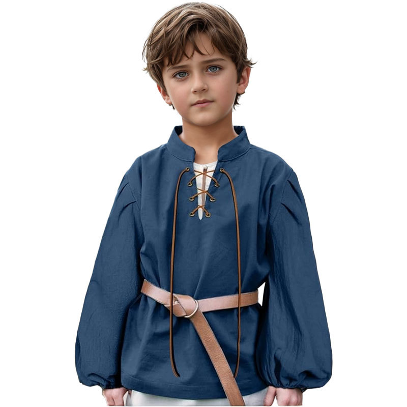 中世風襟付き子供服シャツ、男の子用、紐付き海賊シャツ、バイキング風、ヨーロッパ風、アメリカ風、レトロ