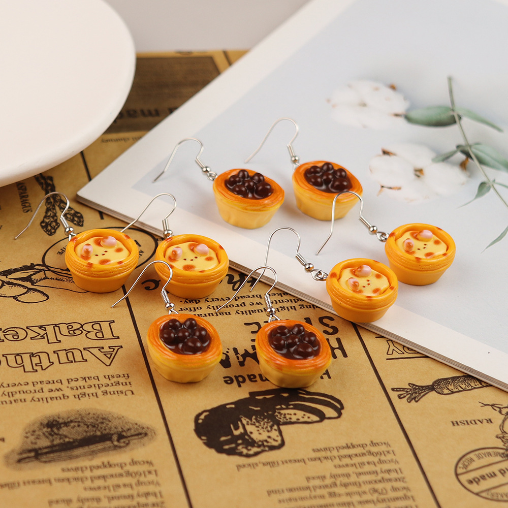 Japanese and Korean Fun Food Play Cute Three-Dimensional Bear Egg Tart Earrings Creative Personalized Girl Heart Ear Hook Earrings