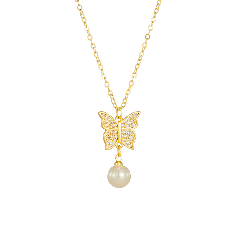 fashion 14k gold simple pearl butterfly zircon copper necklace