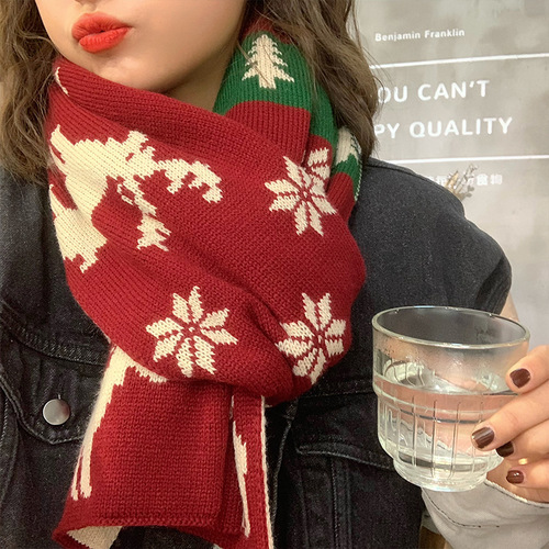 Christmas elk large scarf for women in autumn and winter, versatile and cute, girly heart-length knitted woolen scarf to keep warm in winter