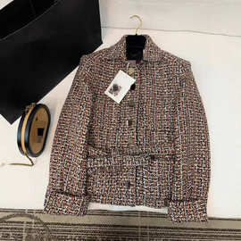 深圳南油26早春款复古小香风编织粗花呢翻领单排扣双口袋收腰外套