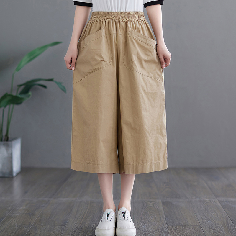 Actual Shot of 2025 New Summer Loose Plus Size Women's Cotton Casual Versatile Slimming Look Elastic Waist Wide Leg Cropped Pants