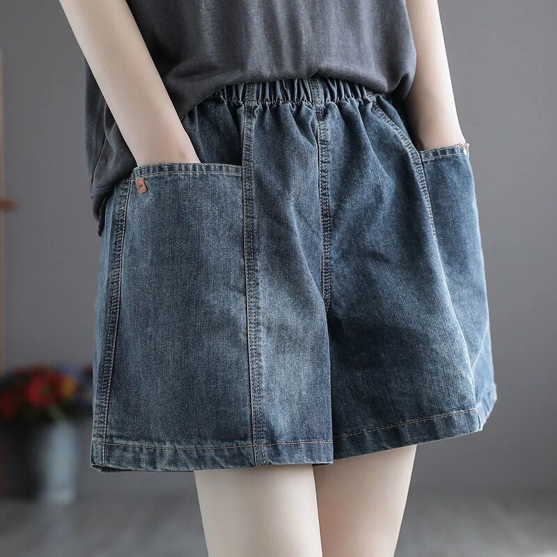 Summer Korean Style Denim Shorts Women's Large Pocket Loose Slimming Age-reducing All-match Wide Leg Chubby Girl Women's Loose Waist Shorts