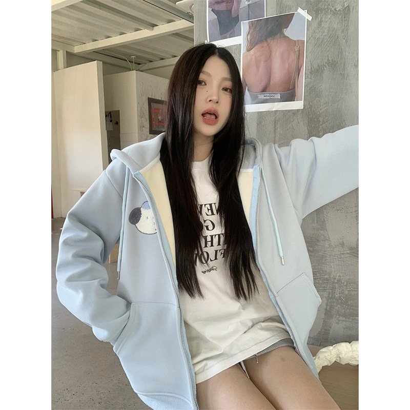 韩系可爱小狗刺绣连帽卫衣女秋冬加绒宽松慵懒风开衫拉链外套ins|undefined