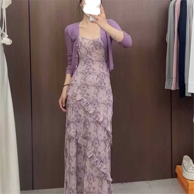 大码胖mm法式时尚高级感紫色碎花连衣裙夏季新款减龄开衫两件套女|undefined