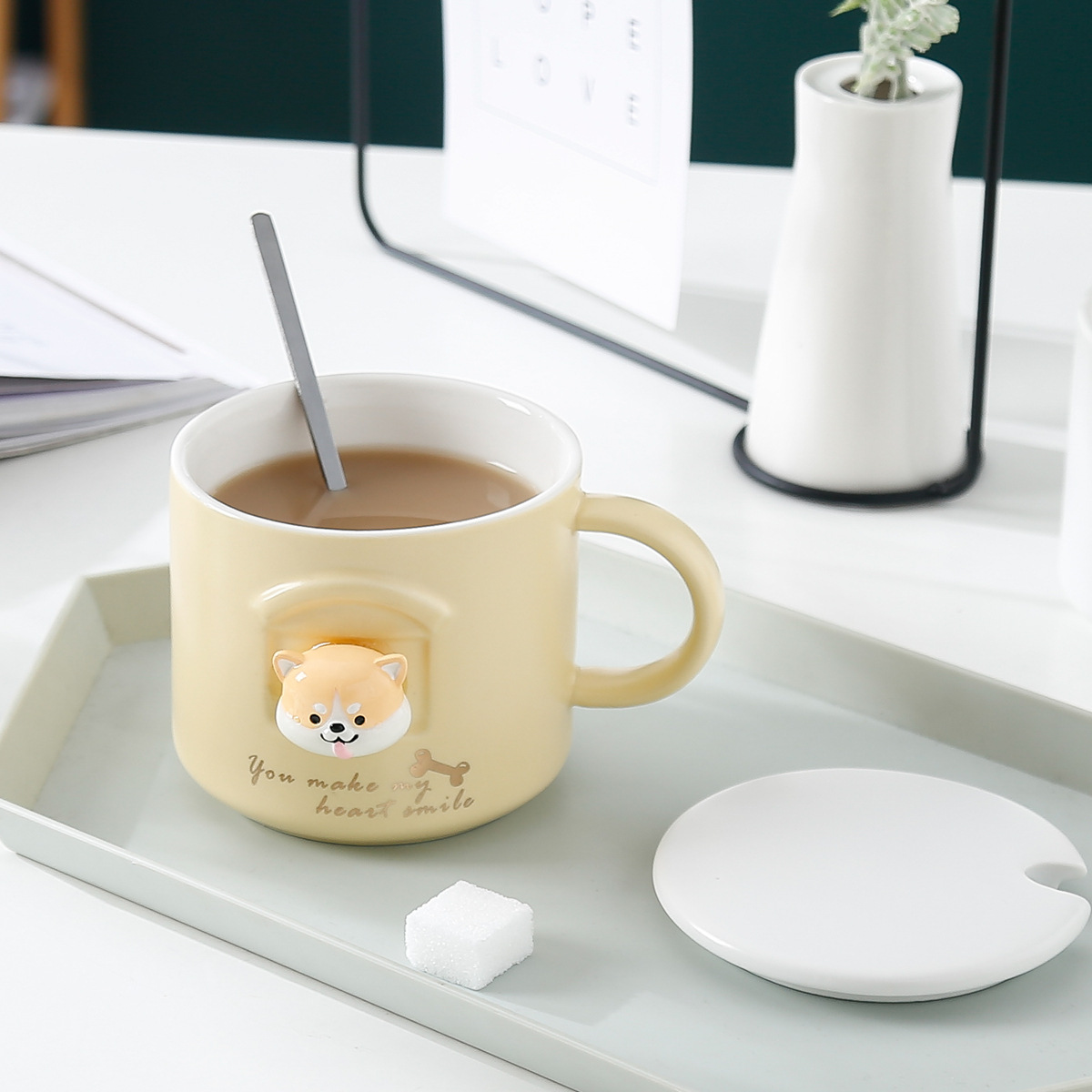 Tridimensional Shiba Inu Taza de cerámica de dibujos animados lindo perro Akita taza con tapa cuchara estudiante Oficina taza de agua en el hogar pareja