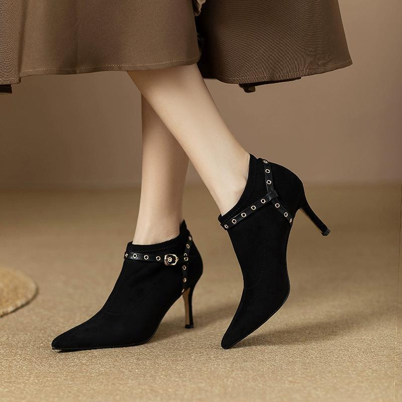 New Autumn and Winter Pointed-Toe Stiletto High-Heeled Slim Boots for Women, Comfortable Suede Slip-On Boots and Retro Versatile Ankle Boots