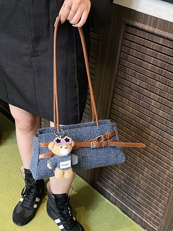Qadın Denim Çanta, Kəmərli Kiçik Kvadrat Çiyin Çantası