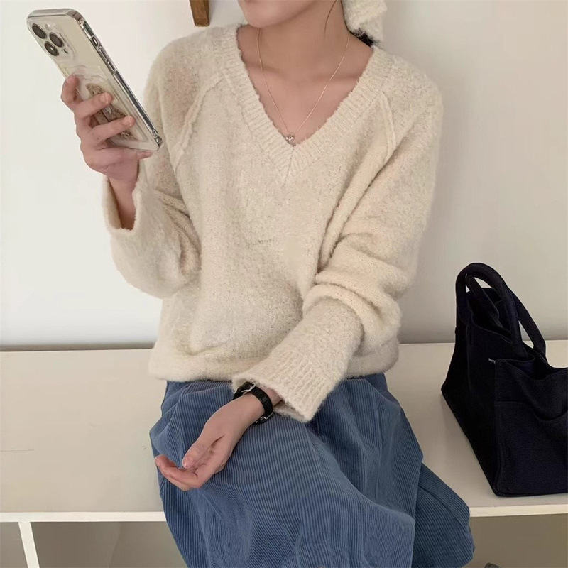韩系温柔风V领毛衣女外穿秋冬新款软糯圈圈纱显瘦气质针织衫上衣|undefined