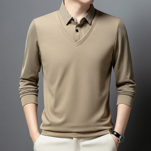 Spring and Autumn New Striped Fake Two-piece Long-sleeved T-shirt Middle-aged Men's Business Casual POLO Shirt Loose All-match Top