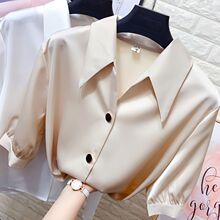2025新款薄款女士衬衫女小心机设计感春夏少女感中袖雪纺v领上衣