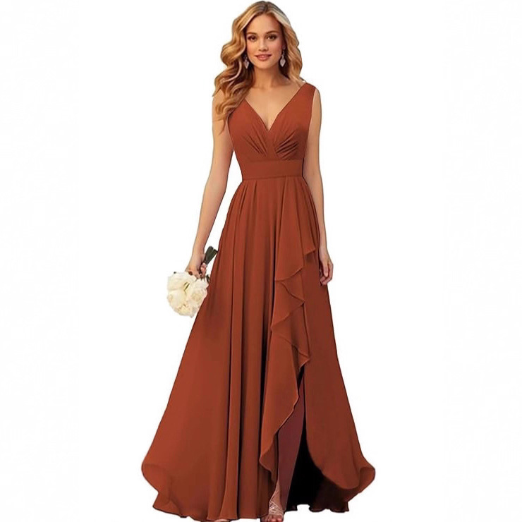 Cross-Border Evening Dress 2025 New V Neck Pleated Slit Strap Long Chiffon Christmas Party Dress Skirt Export