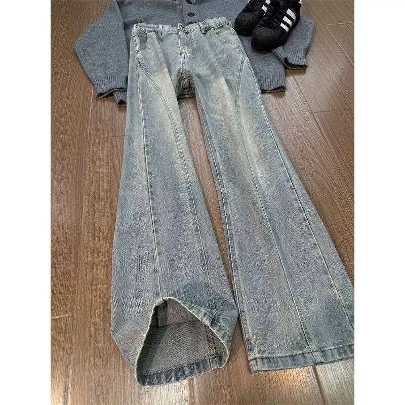 Men's Slim-Fit Denim Jeans with Diagonal Cut, Trendy New Style, Simple and Versatile, High Street American Retro Semi-Elastic Long Pants