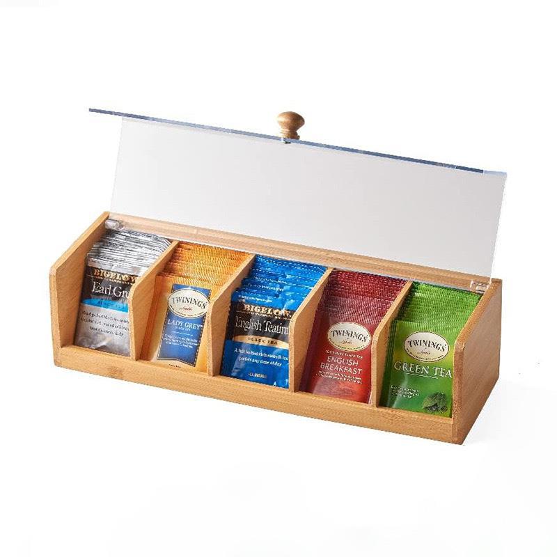 Bolsas de té de madera, bolsas de café, cajas de almacenamiento, cajas de exhibición transparentes con tapa de acrílico, cajas de almacenamiento divididas, cajas de té con tapa abatible