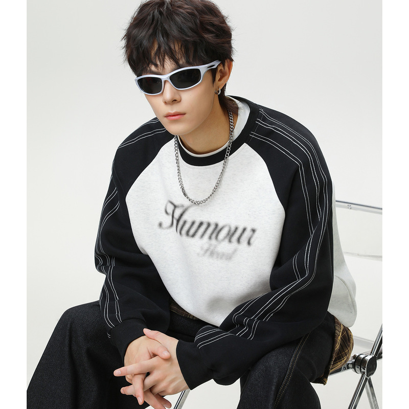 American Retro Raglan Sleeve Round Neck Sweatshirt Autumn and Winter Style Contrasting Color Bright Line Blurred Dot Print Pullover Jacket Q