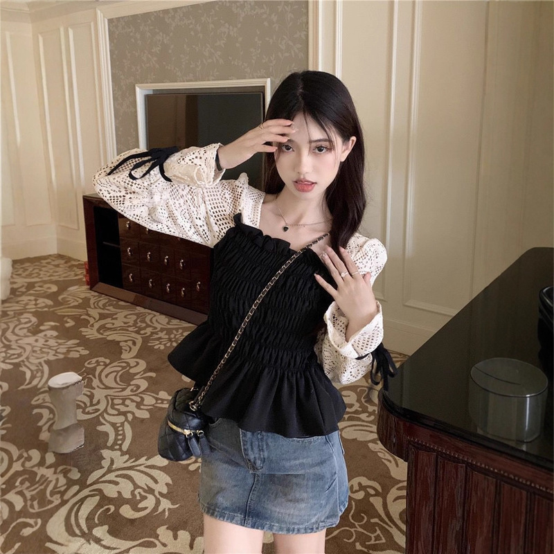 Autumn Design Lace Cut Out Shirt Women's Spring New Style Splicing Slim French Square Collar Beautiful Shirt Top