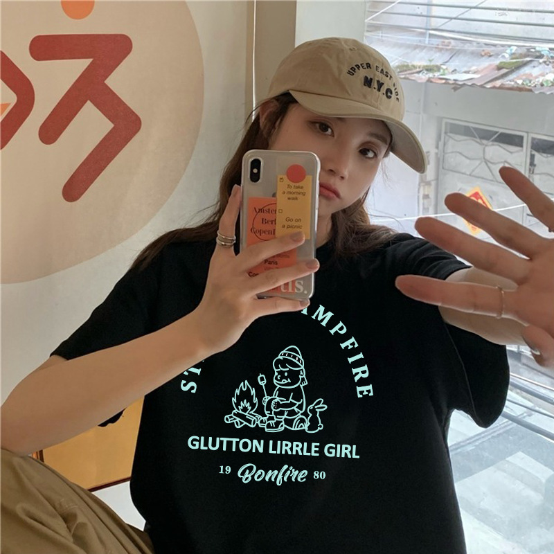 2026 Summer New Heavyweight Non-Transparent Cotton Short-Sleeve T-Shirt, Loose Korean Style Harajuku Bf Style Base Shirt for Women