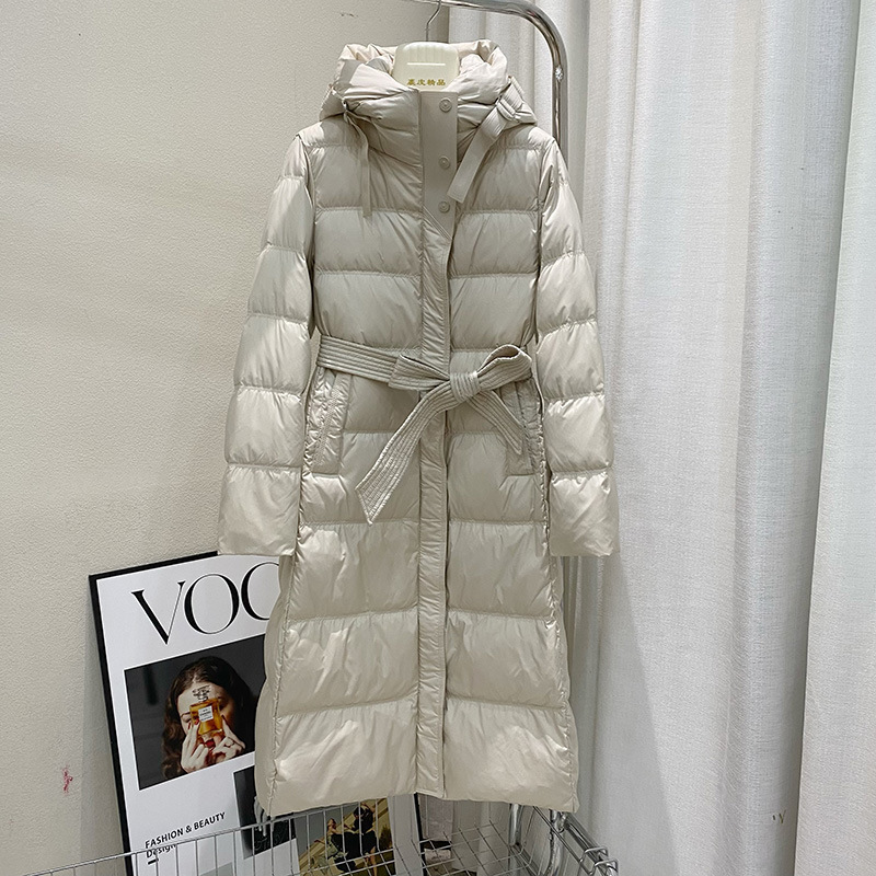 2025新款羽绒服女长款过膝白鸭绒加厚收腰显瘦腰带款外套女装批发|undefined