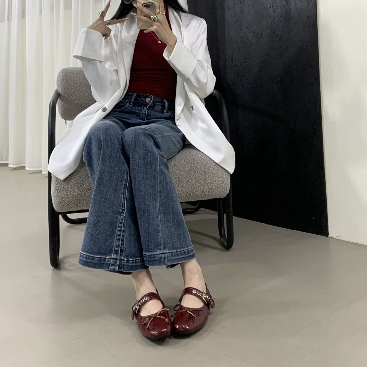 Universal red wedding shoes with bow with a strap, Spring/Fall 2024 model