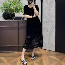 篙端复古真丝丝绒定位烧花连衣裙2025夏款优雅气质黑色裙子不退换