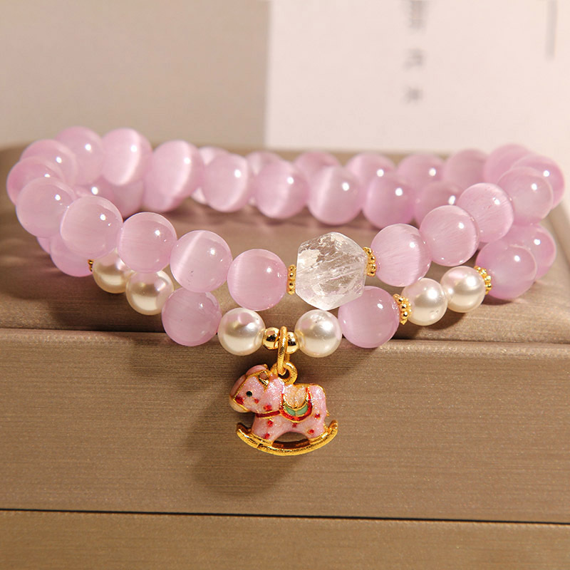 Nueva pulsera de doble círculo de ópalo rosa degradado chino para mujer, lujo ligero, nicho de alto nivel, lindo troyano, pulseras apiladas