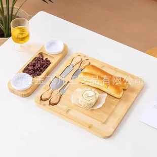 Creative Bamboo Cheese Board with Knife and Fork, Household Solid Wood Bread Deli Tray, Restaurant Wooden Cheese Board Set