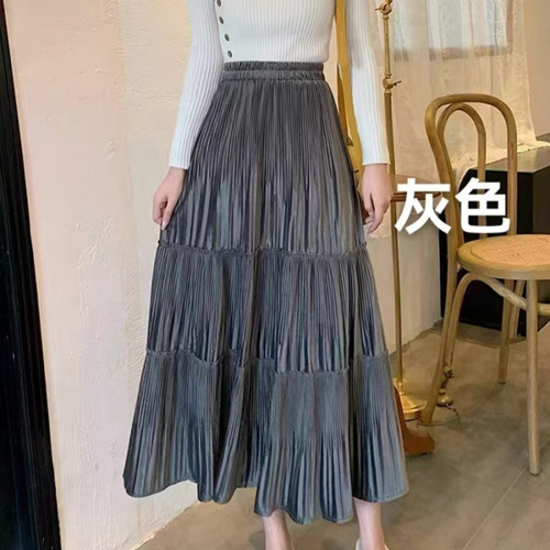 Velvet Semi-Body Skirt for Women - Spring 2025 Medium Length Tiered Dress with High Waist Slimming Effect and Draping Pleated Skirt