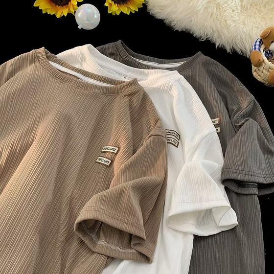 Texture Ice Silk Short-sleeved T-shirt Men's Summer Thin Trendy Brand Loose 5-point Half-sleeve American Style Retro Neutral Style T-shirt