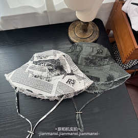 春夏复古报纸印花渔夫帽毛边抽绳嘻哈ins百搭盆帽防晒遮阳女帽子