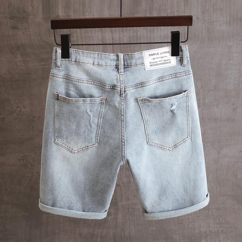 Summer thin blue embroidered denim men's versatile, perforated straight leg cropped shorts, loose elastic shorts_voghion.com