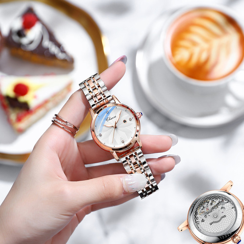 Dawn Women's Watch Sweeping Second Movement Mechanical Hollow Transparent Bottom Cover Live Diamond Calendar Steel Band Quartz Watch