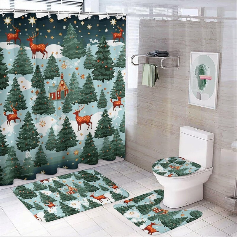 Cross-border bathroom four-piece set with forest elk, small house, and star prints, including shower curtain, floor mat, and toilet cover