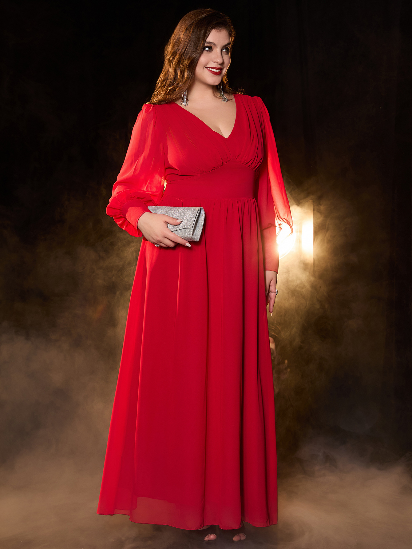 Vestido de talla grande, nuevo vestido largo de gasa con cuello en V y manga larga para mujer, exclusivamente para venta al por mayor transfronteriza.
