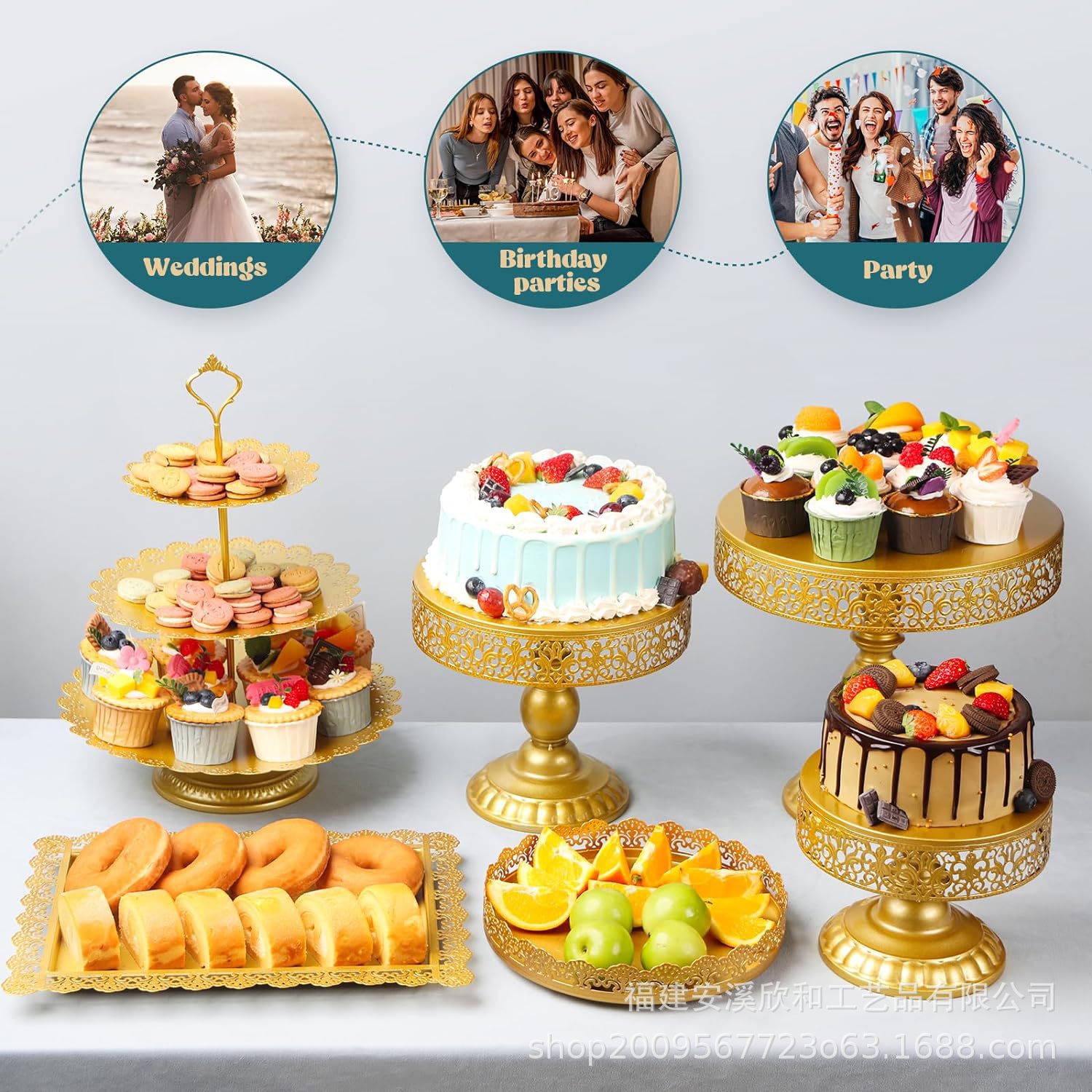 Estante de pastel de oro transfronterizo props de boda de lujo ligero paneles de pastel de hierro forjado paneles de bocadillos europeos mesa de postres bandeja de pies altos
