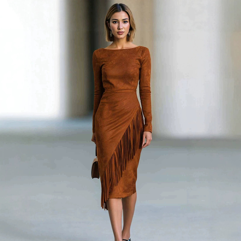 2026 European and American bohemian suede tassel patchwork dress, exclusively for cross-border fashion, western-style vintage long dress 2026 European and American bohemian suede tassel patchwork dress, exclusively for cross-border fashion, western-style vintage long dress