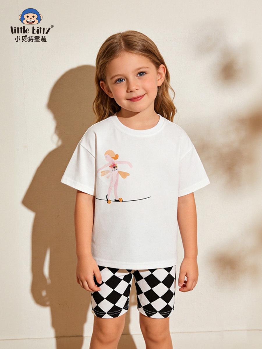 Cross-Border Supply 26Th Spring/Summer Children's Short-Sleeve Set with Cartoon Character Plaid Print, Girls' Round-Neck Two-Piece Set