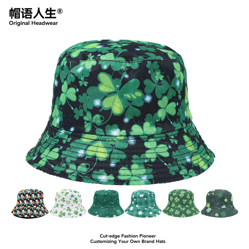 Cross-Border Spot St. Patrick's Day Irish Adult Double-Sided Wearable Four-Leaf Clover Printed Fisherman Hat Basin Hat