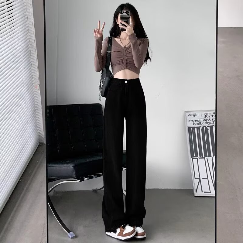 白色高腰窄版阔腿牛仔裤女春秋2025新款显瘦直筒垂感拖地长裤子|undefined