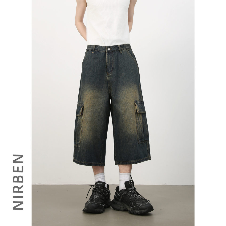 Quần short jean nam ống rộng nhiều túi phong cách hip-hop đường phố, quần lửng mùa hè — Màu xanh lam, Xanh lam làm cũ, Xanh lam nhạt