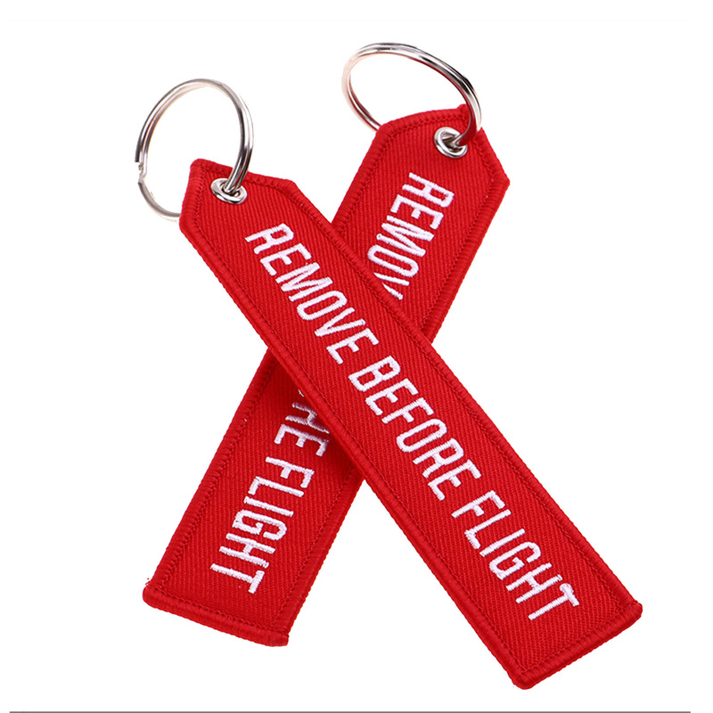 in stock Embroidered Red Bottom White Letter Flight Tag Keychain Letter REMOVE BEFORE PEW PEW