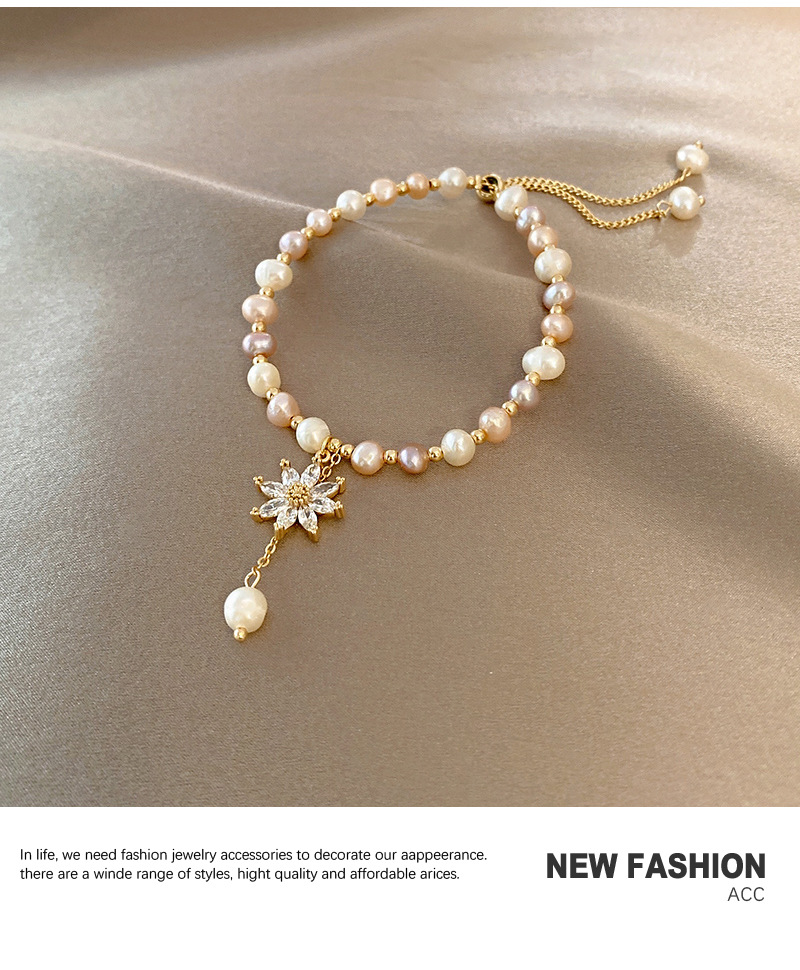 Bracelet De Perles D&#39;eau Douce De Mode Design Fleur Zircon Bracelet En Cuivre En Gros display picture 4