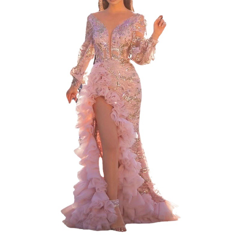 Vestido de noche rosa sexy con malla y lentejuelas, estilo europeo y americano, novedad de otoño 2026, para mujer, de moda transfronteriza, para sitio web independiente.