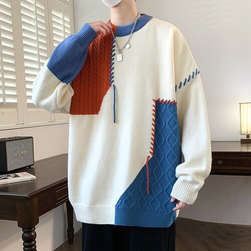 Autumn/Winter Color Block Stitched Individual Sewn Crew Neck Knit Sweater, Thick Men's Lazy Style Couple Hooded Sweater