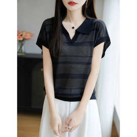 Polo领短袖T恤女2025夏季新款条纹打底衫韩系风宽松显瘦冰丝上衣